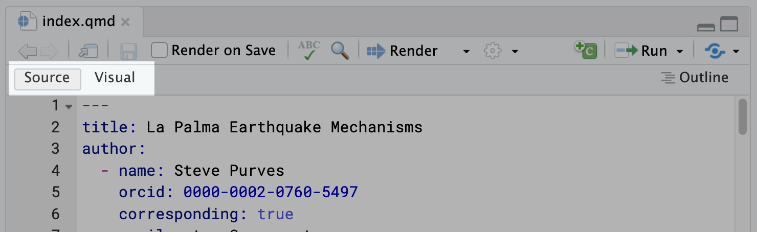 Screenshot of the Source Editor pane in RStudio. The Visual button in the toolbar at the top of the Editor pane is highlighted.