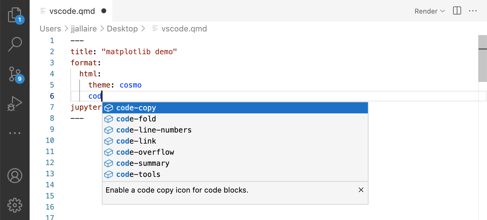 Quarto document with YAML being edited. Next to the cursor code completion helper is open showing YAML options beginning with the letters preceding the cursor ('co').