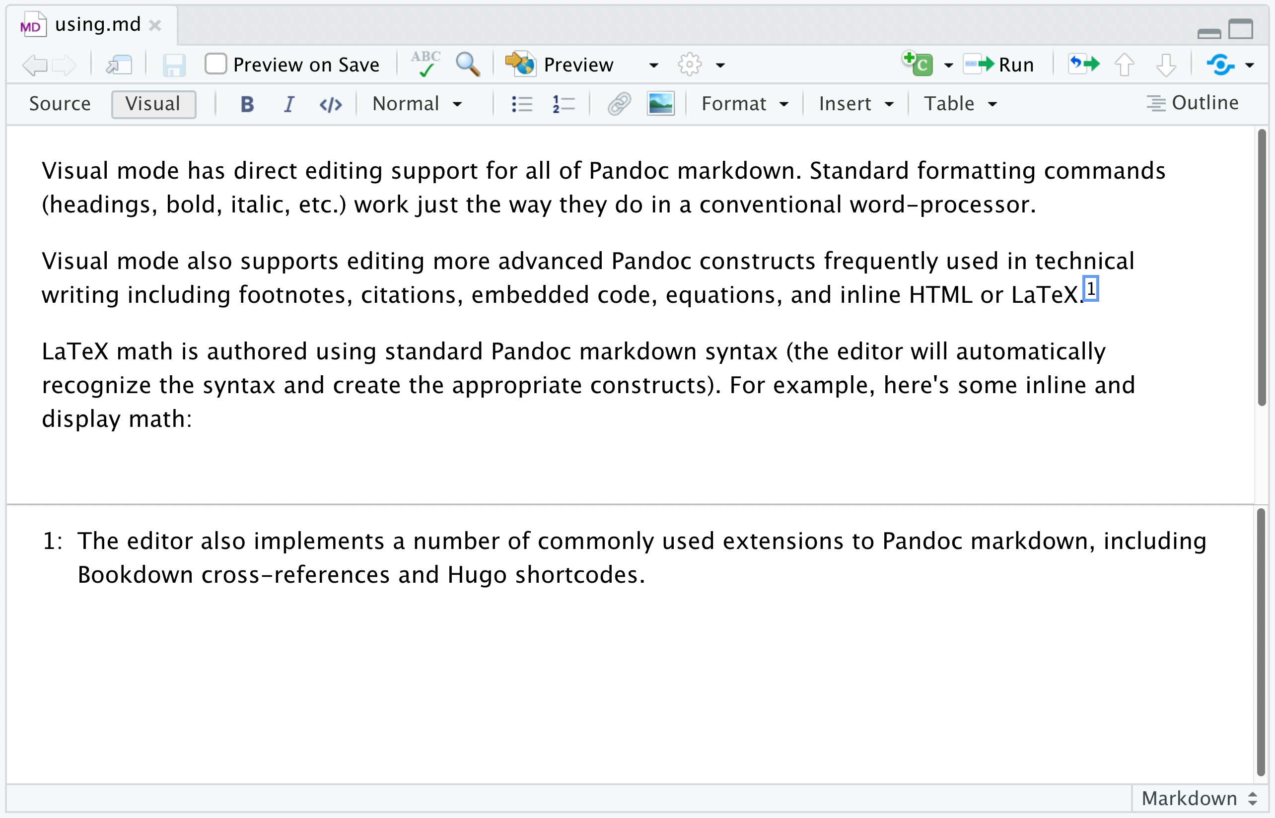 A Markdown document containing three paragraphs opened in the R Studio visual editor. The sentence at the end of the paragraph has a superscript '1' at the end, indicating a footnote. This '1' is surrounded by a blue box. There is a section divider underneath the three paragraphs, under which is another paragraph labeled '1'. 