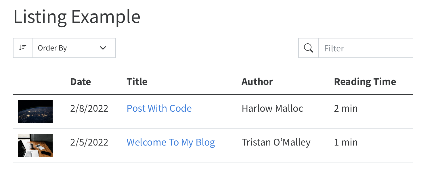 Table with small image thumbnail for each item and custom list of fields: Date, Title, Author, and Reading Time.